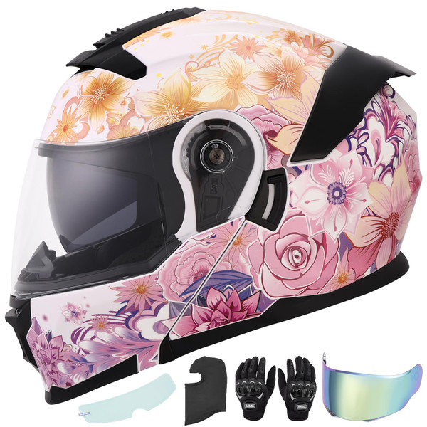 OUMURS Pink Modular Motorcycle Helmets Full Face Flip up Street Bike Motorcycle Helmet for Unisex Adult Flower Sea - XL