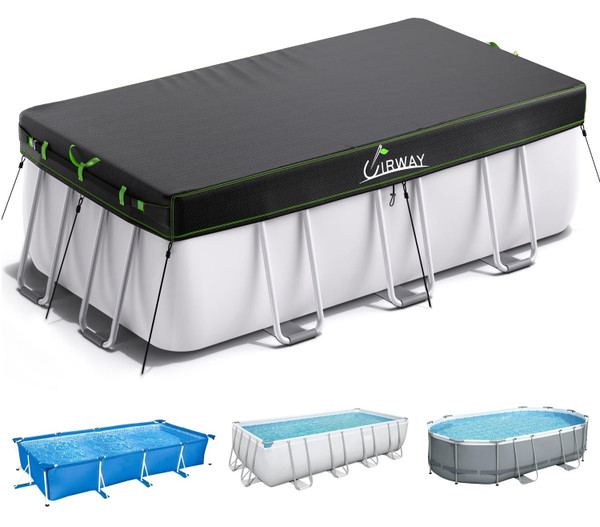 UIRWAY 12x18 FT Rectangular Pool Cover with Reflective Strips, Swimming Pool Cover for Above Ground Pool, Solar Cover Including Rope Tie and Luminous Ground Nails for Rectangular or Oval Pools