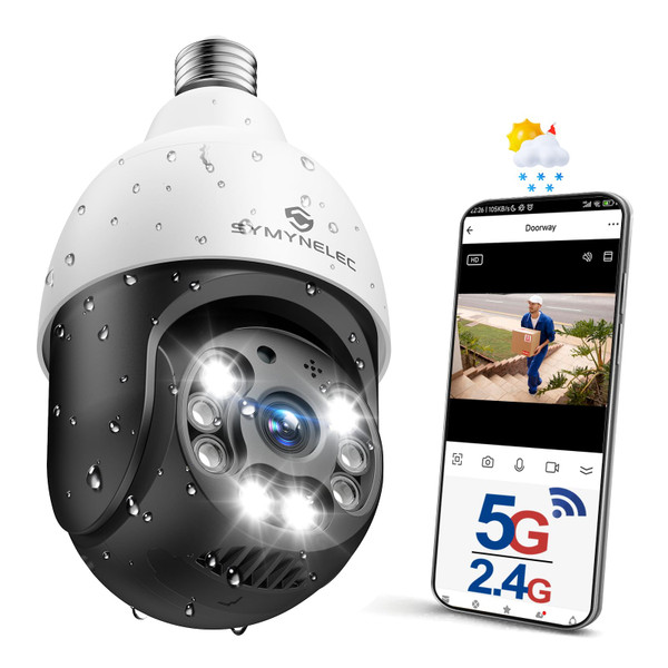 SYMYNELEC 5GHz/2.4GHz Light Bulb Security Camera Outdoor Waterproof 2.5K, Dual-Band WiFi Light Socket Security Camera with AI Human Motion Detection Tracking 4MP Color Night Vision Siren Alarm Alexa