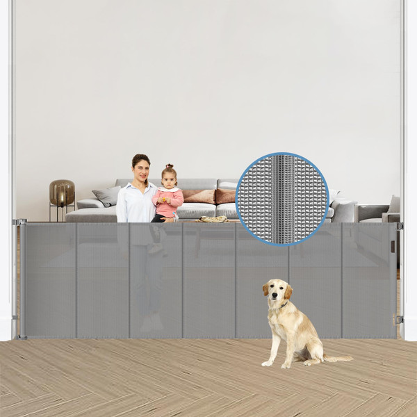 Reinforced 120 Inch Extra Wide Retractable Gate with Support Rods, Upgrade Retractable Baby Gates for Large Openings, 10 Ft Mesh Pet Gates for Dogs Extra Long Toddler Gate Outdoor Gate for Deck, Gray
