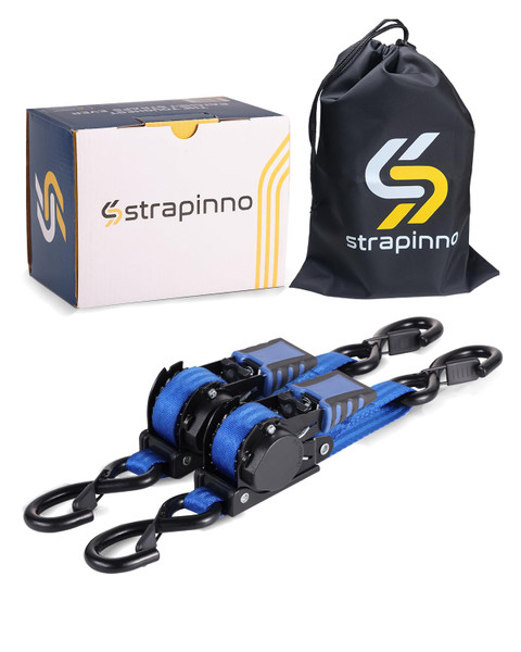 Strapinno Retractable Ratchet Straps - 1 in x 4 ft Heavy Duty Adjustable Boat Transom Tie Down, 2PCS, 2400lbs Breaking Strength, Safety S Hooks, for Boat, Jetski, Seadoo, Waverunner, and PWCs (Blue)