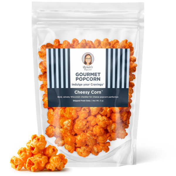Renée’s Cheesy Corn™ Connoisseur Popcorn™ - real Wisconsin cheddar cheese is smooth and velvety making for delicious cheesiest fresh popped corn snack or gift– resealable, 5oz bag.