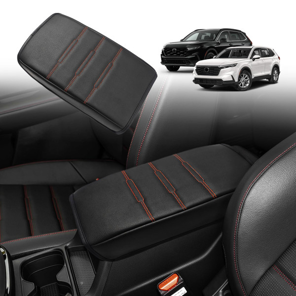 Muslogy Center Console Armrest Cover Fit for Honda CR-V & CRV Hybrid 2023-2026 2026 Accessories, Comfort Armrest Pad Console Lid Cushion Vegan Leather Regular Thick(Black/Orange Trim)