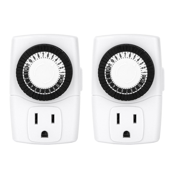 Baomain 2-Pack Indoor Mini 24-Hour Mechanical Outlet Timer, 15A 125VAC ON/Off Single Outlet,3-Prong Plug Timer BND-60/U47,ETL Listed