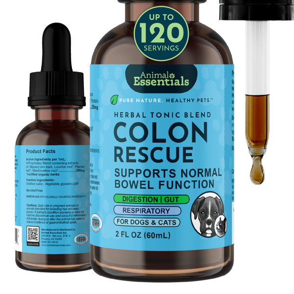 Animal Essentials Colon Rescue for Dogs & Cats - Herbal Laxative, Constipation Relief, Stool Softener with Slippery Elm, Marshmallow Root, Licorice Root - 2 Fl Oz