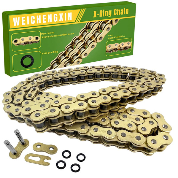 WEICHENGXIN Gold 525 X-Ring Chain 112 Links Motorcycle Chain with Connecting Master Link OEM #92057-0036 92057-0203 92057-0599 T2015209 T2017245