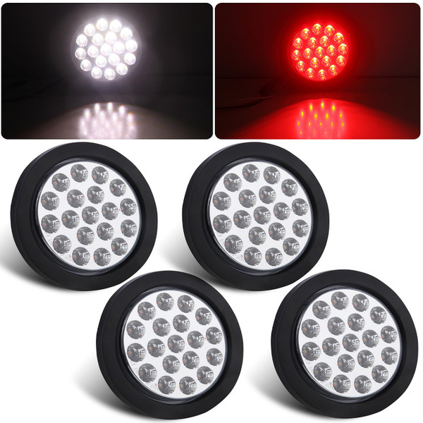 Partswcgg 4Pcs 4" Round Red Stop Turn Tail Lights to White Back-up Lights 19 LED, 4 Inch Round Red/White Dual Trailer Truck Tail Lights with Rubber Grommet and 3 Prong Wire Pigtails IP67 Waterproof