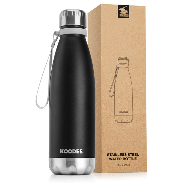 koodee Insulated Water Bottle, 17 oz Stainless Steel Double Wall Vacuum Flask Cola Shape Leak Proof Sports Water Bottle (Black)