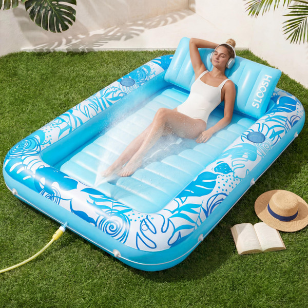 SLOOSH Misting System Inflatable Tanning Pool Lounger Float, 6 in 1 Large Mist Cooling Tanning Bed Floaties with Pillow & Cup Holders, 70" x 46" Blow Up Suntan Lounge Raft Beach Backyard Adults Gifts