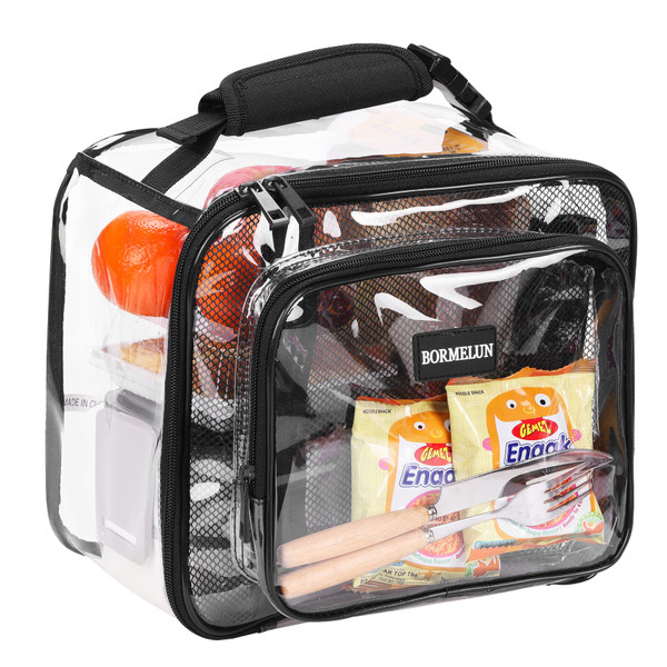 BORMELUN Clear Lunch Bags for Work for kids Transparent Plastic See through Stadium Concert School Picnic Correctional offcer approved Tote Buckle Handle,Black (11x9x6 inches)
