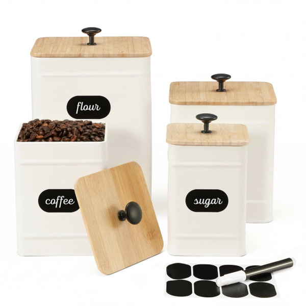 PERFNIQUE Kitchen Canisters, Airtight Canister Sets for Kitchen Counter, Kitchen Canisters for Countertop Set of 4, Coffee Tea Sugar Flour Spice Tin Jars Food Storage Container with Lid(White)