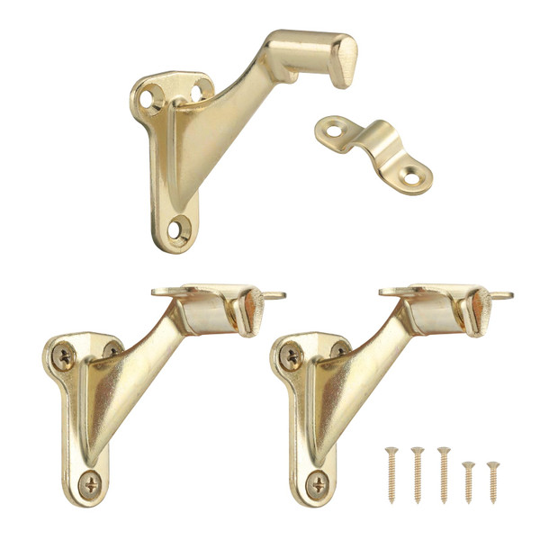 HOME MASTER HARDWARE Handrail Stair Brackets 3" Heavy Duty Staircase Hand Rail Bracket Support Hardware for Home or Office Stairways,Bright Brass with Screws 3-Pack