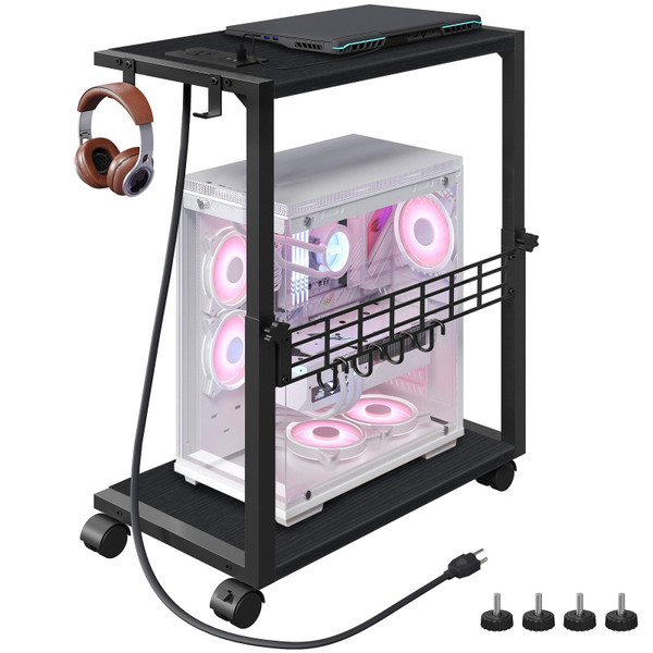 ZIIWIND PC Stand, Height Adjustable Computer Tower Stand, 19.7"-31.5" H, Computer Cart with Charging Station, Wheels and Hooks, CPU Holder for Floor, Carpet and Under Desk, Easy Assembly, Black