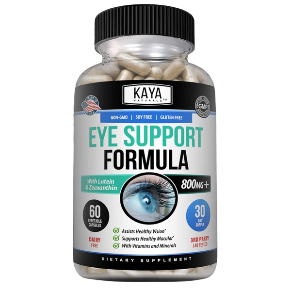 Kaya Naturals Eye Health Supplement - Lutein & Zeaxanthin - Supports Eye Strain, Dry Eyes, and Vision Health - Clinically Proven Ingredients 800mg Vitamin Supplement - 60 Count