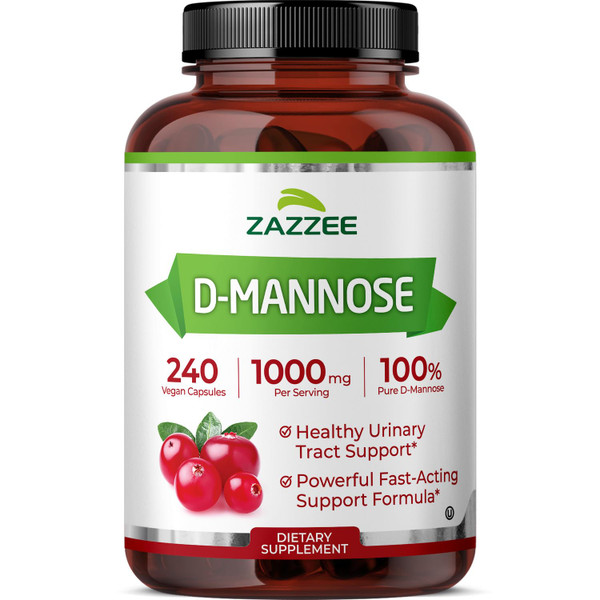 Zazzee D-Mannose, 1000 mg per Serving, 240 Vegan Capsules, 4 Month Supply, Potent & Fast-Acting, Certified Kosher, 100% Pure, All-Natural Urinary Tract Health Support, 100% Vegetarian, Non-GMO