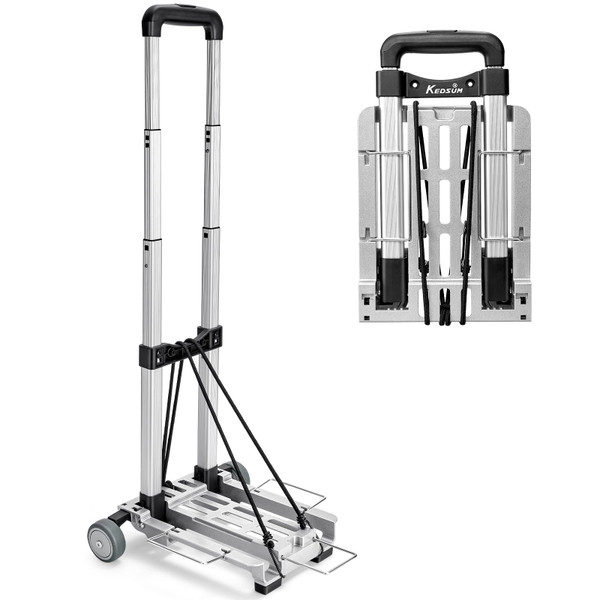 KEDSUM Mini Luggage Cart with Wheels Foldable, Lightweight Trolley Cart with Wheels, Expandable Baseplate Foding Hand Truck, 120 LBS Portable Dolly for Airport, Travel and Moving, 100% Aluminum