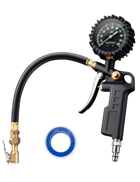 AstroAI Tire Inflator with Pressure Gauge, 120 PSI Air Chuck and Compressor Accessories Heavy Duty with Large 2.5" Easy Read Glow Dial, Durable Rubber Hose and Quick Connect Coupler, Black
