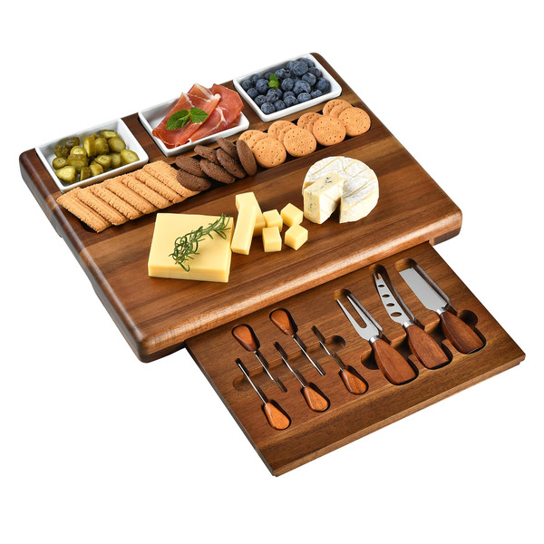 Shanik Large Acacia Wood Charcuterie Board Set with 3 Removable Ceramic Bowls & Serving Utensils - Housewarming, Wedding, Bridal Shower, Home and Kitchen, New Home Gift Ideas for Women, Gifts