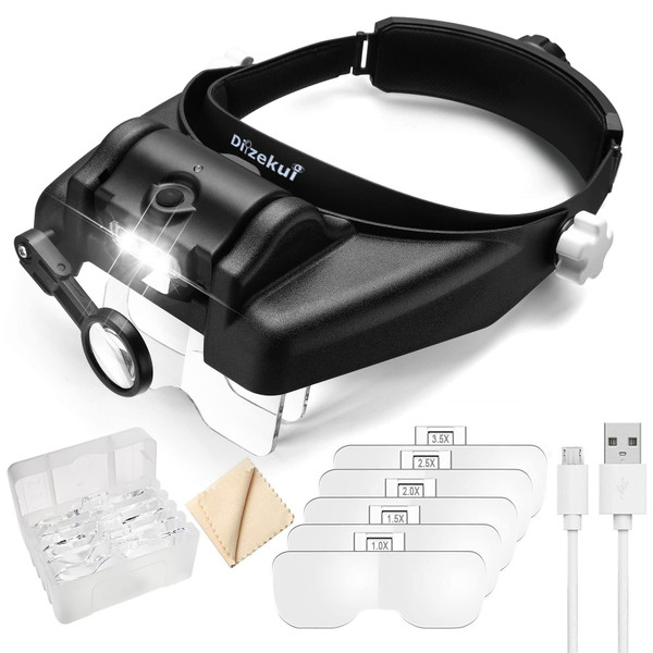 Dilzekui Headband Magnifying Glass with Light, Rechargeable Head Magnifying Glasses 1X to 14X, Magnifier Headset with 6 Detachable Lens, Hands Free Head Mount Magnifier for Close Work Jewelry