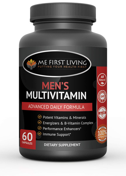 Me First Living Men's Daily Multivitamin/Multimineral with Vitamins A, C, E, D, B1, B2, B3, B5, B6, B12, Magnesium, Biotin, Spirulina, Zinc and More - 60 Multivitamins