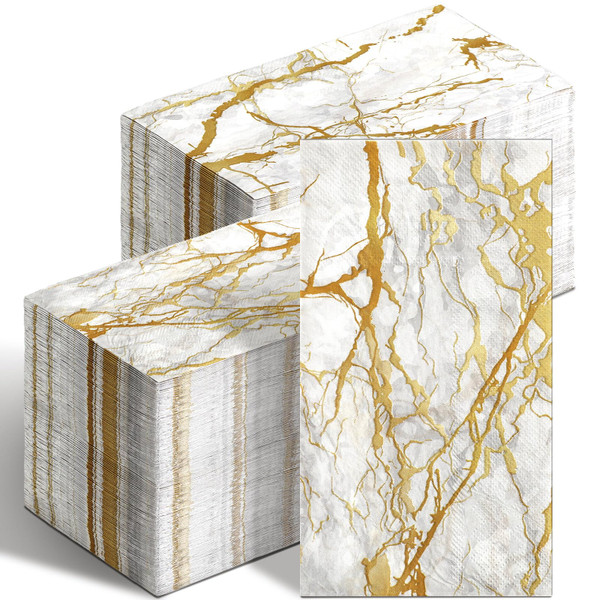 Geyoga 200 Pcs Marble Guest Napkins 2 Ply Disposable Guest Bathroom Paper White Gold Decorative Napkins Marbleized Hand Towels for Home Bathroom Kitchen Party Table Decor