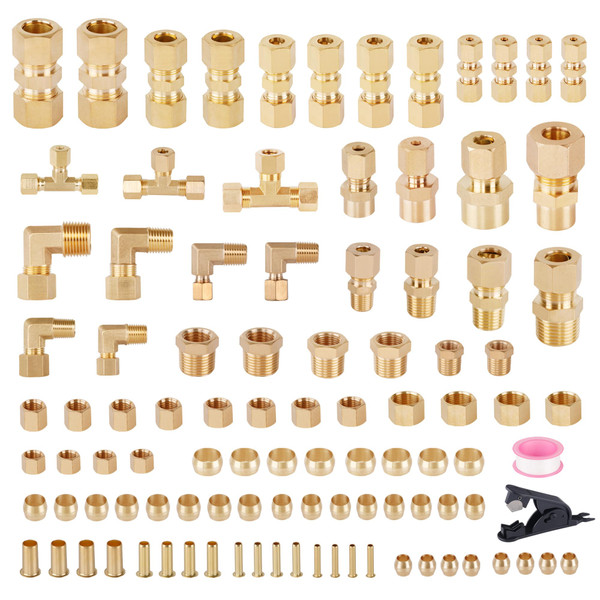 HASAOMOI 101Pcs Brass Compression Tube Pipe Fittings, Air Nylon Tubing Fittings Assortment Kits 1/4" 1/8" 3/8" 1/2" 5/8" Union/Tee/Elbow/Straight Connector for Industrial Use or Trucks Trailers