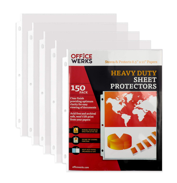 Office Werks Archival-Quality Document Protectors | Reinforced Clear Sheet Sleeves | Acid-Free 150 Pack | Heavy-Duty 3-Ring Binder Compatible | Transparent Letter-Size Page Covers