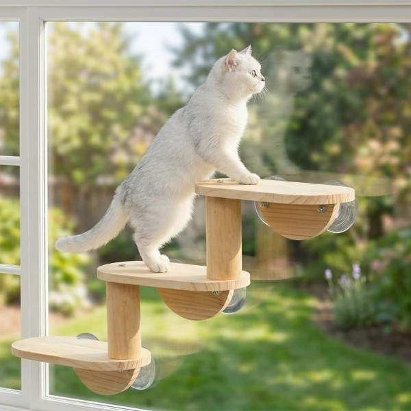Cat Window Ladder 3-Levels for Indoor Cats Climbing Wood Window Shelf Cats Play and Watch Birds