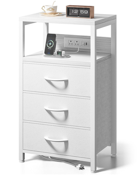 Lazzanto NightStand Bedside Charging Table Bedroom - White Night Stand with Charger Station, USB-C USB Ports & AC Outlets for Dorm, Modern End Table with Open Shelf & 3 Fabric Drawers