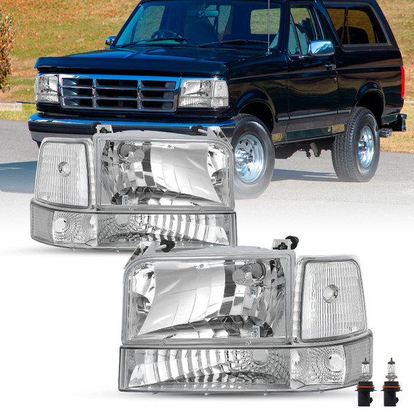 SOCKIR 6PCS Headlight Assembly Fit for 1992-1996 Ford F150 Bronco 1992-1997 Ford F250 F350 Super Duty w/Corner Signal Bumper Lights, Chrome Housing with Clear Reflector (Bulbs Included)