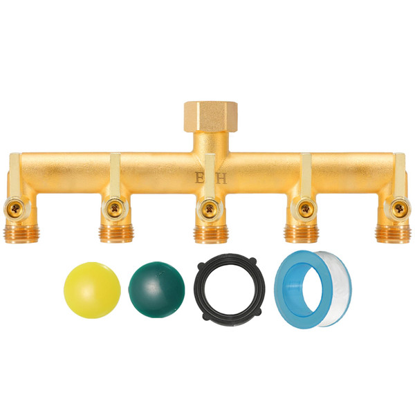 EBH Brass Garden Hose Splitter, 5 Way Outdoor Frostproof Tap Hose Splitter with 5 Individual On/Off Valve and Extended Handle, GHT 3/4-Inch Heavy Duty Hex Female Inlet and 3/4-Inch Male Outlet