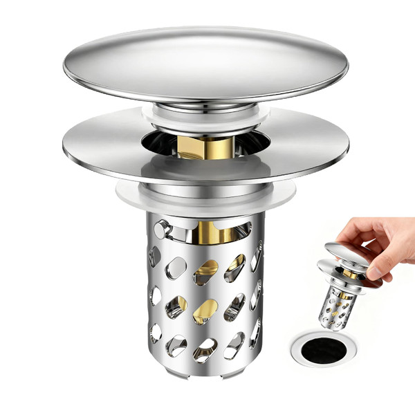 HUAERSICO Pop Up Bathroom Sink Stopper, Universal Bathroom Sink Drain Strainer with Hair Catcher, for 1.1"-2.17" Drains, Brass Core & Stainless Steel Mesh