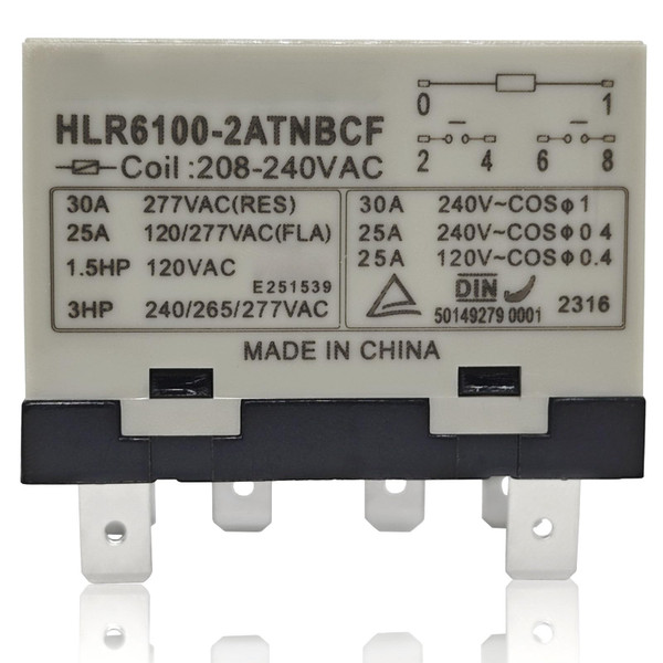 HLR6100-2ATNBCF 208-240VAC Compressor Relay – 30A 277VAC 6-Pin DPST-NO Electrical Relay with Quick Connect Terminals for High-Voltage and Inductive Loads
