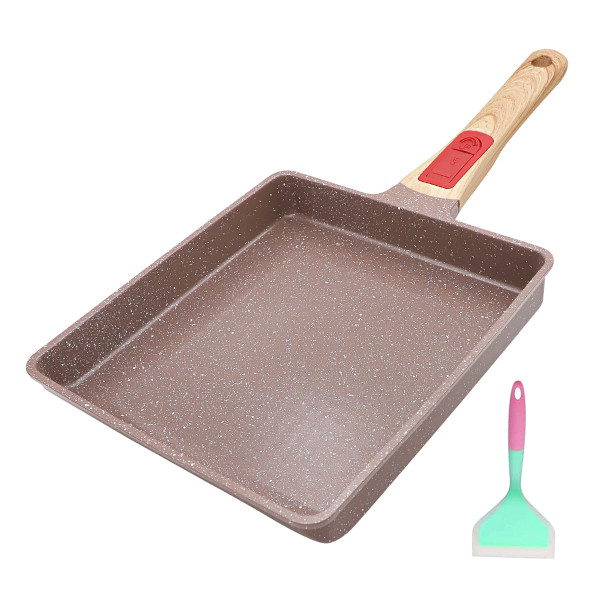 AIKENBBKK Tamagoyaki Pan Ceramic, Japanese Omelette Pan Nonstick, Japanese Egg Pan, Square Egg Pan, Induction-Ready, Detachable Handle, with Silicone Spatula, PFAS & PFOA-Free, Oven Safe,Brown,9"x8.2"