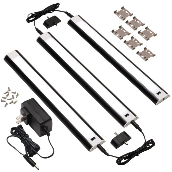 LED Hand Wave Motion Sensor Under Cabinet Lighting Plug In Kit - Dimmable Under Counter Lights for Kitchen - Black Finish - 12 Inch (3Pack) - 12v LED Light Bar - Soft Neutral 3500K - Touchless Dimming