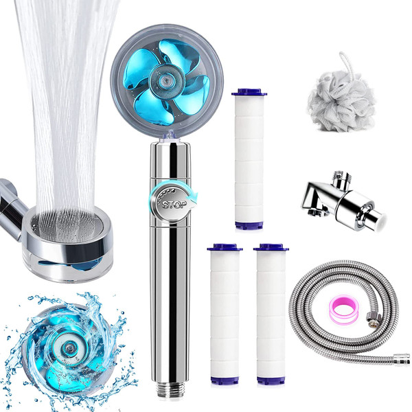 High Pressure Handheld Turbo Fan Shower Kit, 360° Rotatable Filtered Shower Head with Pause Switch, Extra Hose, Bracket, Cotton Filters & Bath Loofah