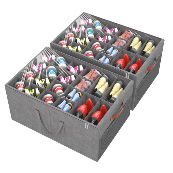 Aokeyee 2 Pack Shoe Organizer for Closet, Large Shoe Storage Box Fits up to 48 Pairs, Space Saving Foldable Shoes Organizer Bin w/Clear Cover and 4 Reinforced Handles, Grey