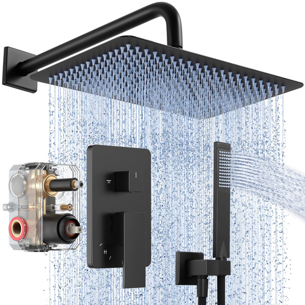 KES Rain Shower System, 12-inch Rectangle Shower Head Set, Wall mounted Shower Valve Kit, Black Shower Faucet Set with High Pressure Rain Shower and Handheld, cUPC Certified, XB6242S12-BK
