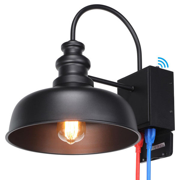LEONLITE Outdoor Gooseneck Barn Light with GFCI Outlet, Dusk to Dawn, 11 Inch Farmhouse Exterior Wall Sconce, E26 Base, Black Wall Lantern for Porch, Entryway, Garage, Patio