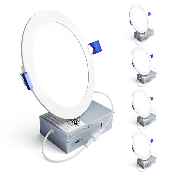 Ensenior 4 Pack 6 Inch LED Recessed Light, Dimmable, 5000K Daylight, 1200LM High Brightness, 12W 120V, 2 Pin, ERL-12X-ETL, Damp Rated, Ultra-Thin Canless Wafer Ceiling Light - ETL & FCC & IC