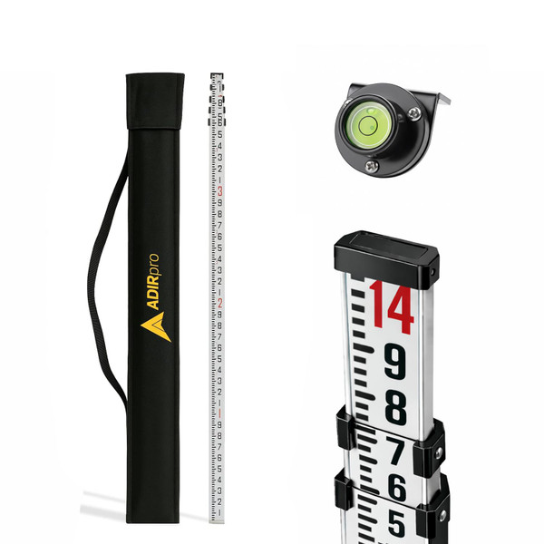 AdirPro 14 ft Aluminum Telescoping Grade Rod | Dual-Sided 4-Section Leveling Rod with 10th Foot Graduations | Bubble Level & Carrying Case Included
