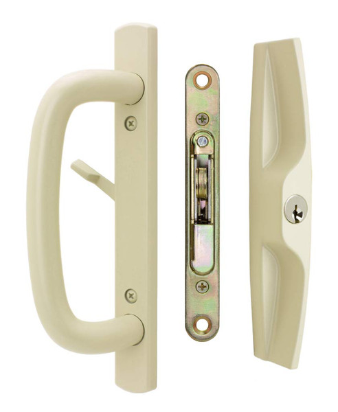 FPL Veranda Sliding Glass Door Handle Set with Mortise Lock, Tan, Keyed, 3-15/16” Screw Holes, 1-1/2” Door Thickness