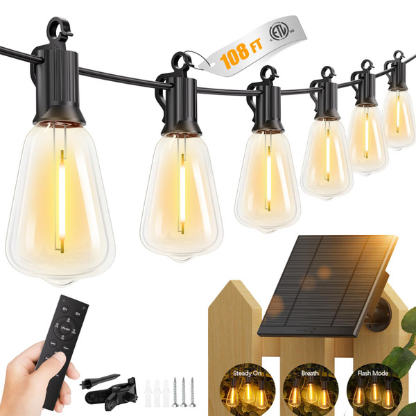 Brightown 108FT Solar String Lights Outdoor Waterproof with Remote, 50+2 LED Shatterproof Bulbs, Dimmable & Timable, 3 Light Modes - Commercial Grade Patio Lights for Garden Backyard Party Decor