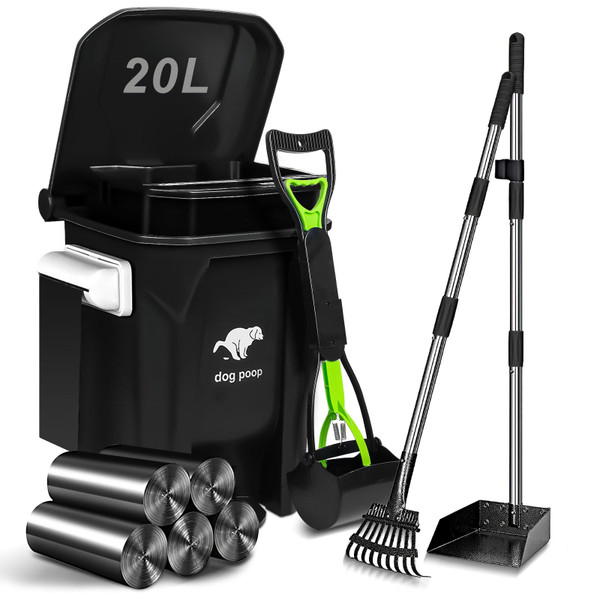 Uppcasir Dog Poop Trash Can Outside with Pooper Scooper and Metal Rake & Tray, 20L/5Gal Dog Waste Trash Can with Lid, Pedal and Removable Inner Waste Bin, Pet Poop Bin with 100 Bags