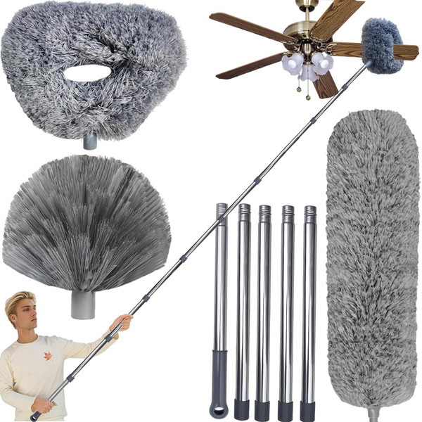 20+ Ft High Reach Ceiling Fan Duster & Cobweb & Corner Brush Duster with 3-14 ft Spliceable Pole Microfiber Feather Duster for Spider Web, High Ceiling, Blinds, Furniture Cleaning Tool Kit