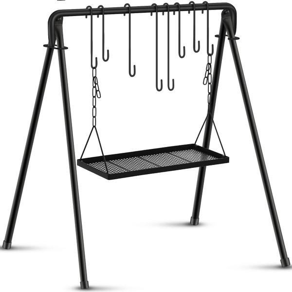 Rossesay Grill Swing Campfire Stand Campfire Cooking Equipment Adjustable Camping Accessories Cookware Hanging Rack with 8 Hooks and Portable Grill Stand for BBQ Picnic Outdoor Party(Large Tray)