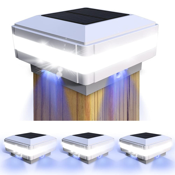 FVTLED Solar Outdoor Post Cap Lights, 52 LEDs High Brightness 6000K White, IP65 Waterproof Fence Post Lights Fits 4x4 5x5 6x6 Wooden Posts, for Fence Deck Patio Garden Yard (White, 4 Pack)