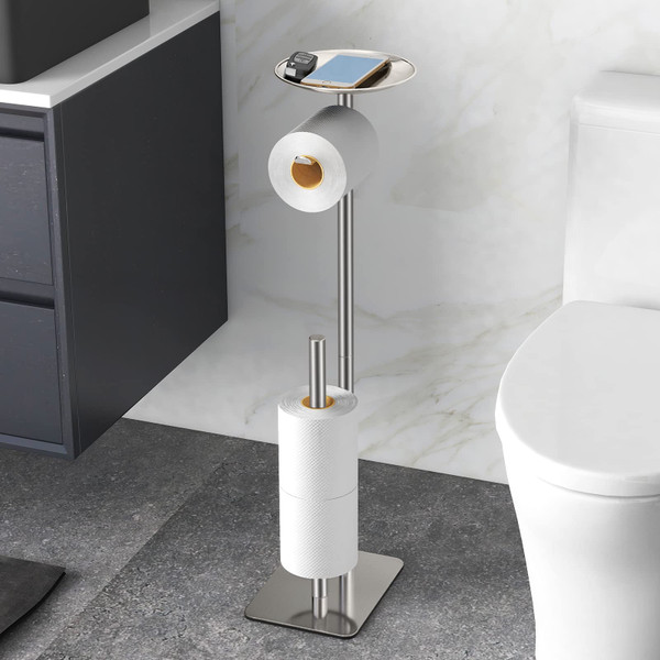 FEILERN Toilet Paper Holder Stand for Bathroom Floor Standing Toilet Roll Dispenser Storages 4 Reserve Rolls, with Top Storage Shelf for Cell Phones, Wipe, Wallet and More(Brush Nickel)