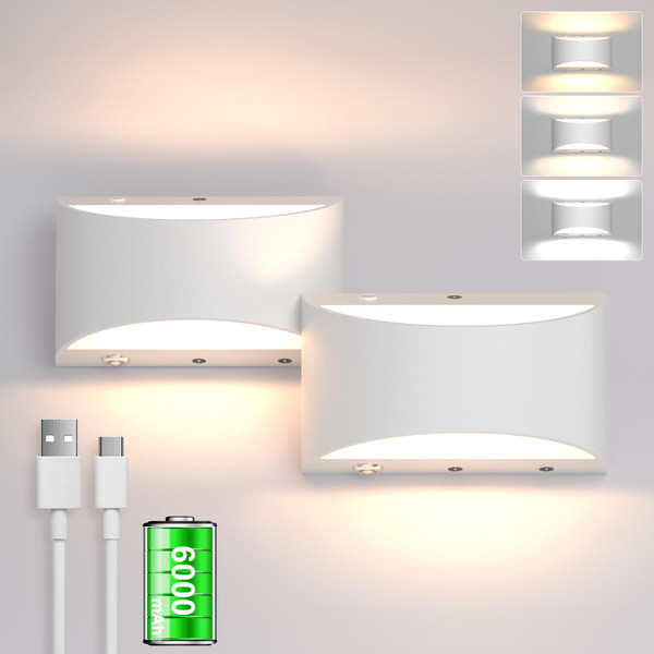 Aipsun White Battery Operated Wall Sconce 2 Packs, USB LED Rechargeable Wall Lights Fixtures, Indoor Mdern Dimmable Wall Light for Living Room, Bedroo,Hallway