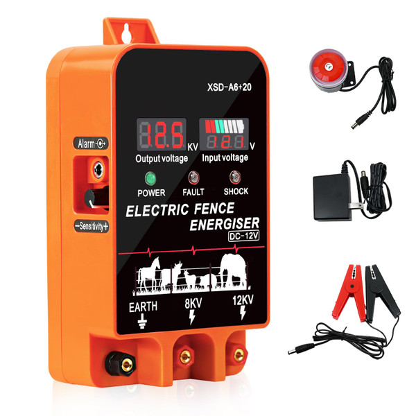 5.5J Electric Fence Charger Energizer, 5.5 Joules 10 Miles, AC DC 2 in 1 Powered Supply, Input 12V Output 8 KV or 12KV, with Display and Alarm, Contain Cattle Cow and Livestock, No Remote